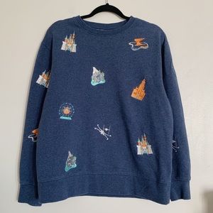 Navy Blue Disney Disneyland Embroidered Icons Crewneck Long Sleeve Sweatshirt M